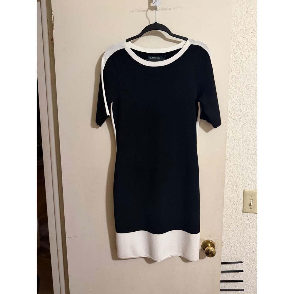 Lauren Ralph Lauren Black White Colorblock Knit Short Sleeve Dress Size M Office